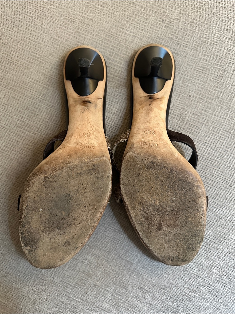 Gucci Brown and Beige GG Canvas Suede Heel Slides - Picture 2 of 5